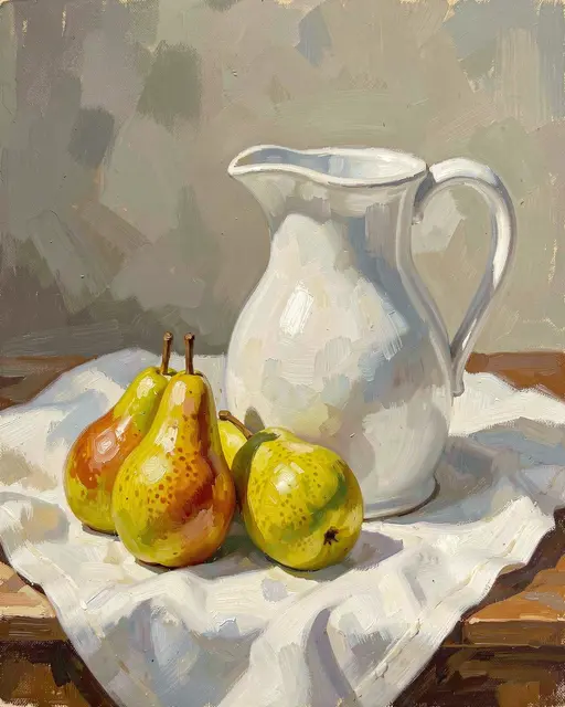 Impressionist oil painting of pears and a white ceramic pitcher resting on a draped linen cloth