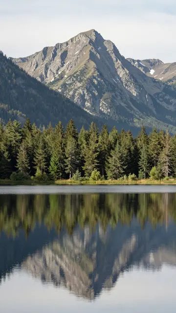Calm still lake perfectly reflects a jagged rocky peak and pine forest along the shoreline