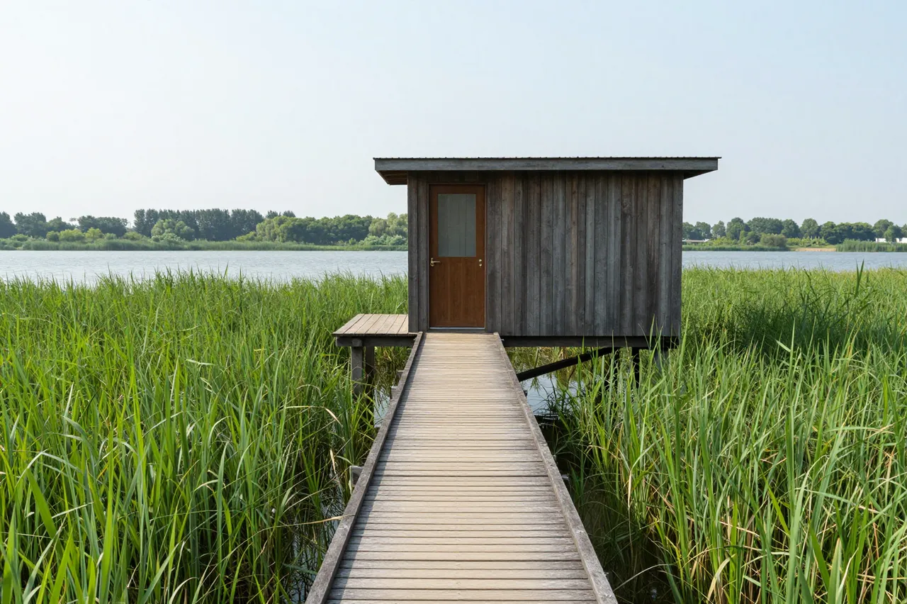 A wooden stilt cabin sits in tall lake reeds, reached by a narrow wooden boardwalk under hazy summer light