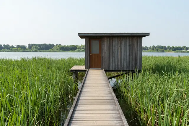 A wooden stilt cabin sits in tall lake reeds, reached by a narrow wooden boardwalk under hazy summer light