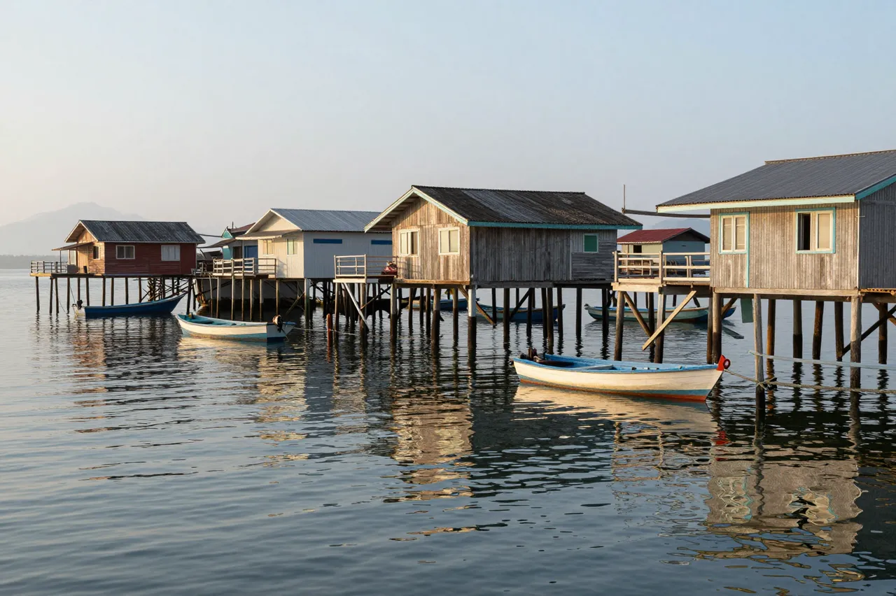 Wooden stilt fishing houses and small boats rest on calm reflective water at hazy sunrise