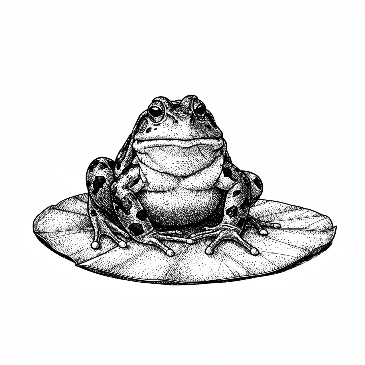 A detailed pen and ink stippled drawing of a spotted frog sitting upright on a lily pad against a plain white background