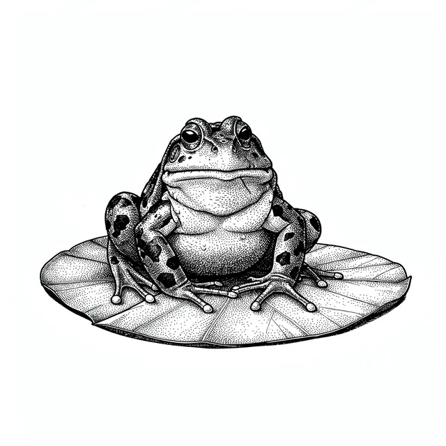 A detailed pen and ink stippled drawing of a spotted frog sitting upright on a lily pad against a plain white background