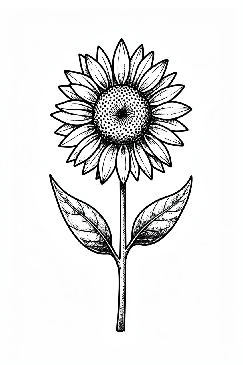 Black ink stippled sunflower illustration with a short stem and two broad leaves on a white background