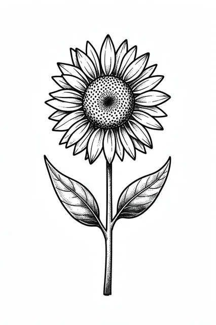 Black ink stippled sunflower illustration with a short stem and two broad leaves on a white background