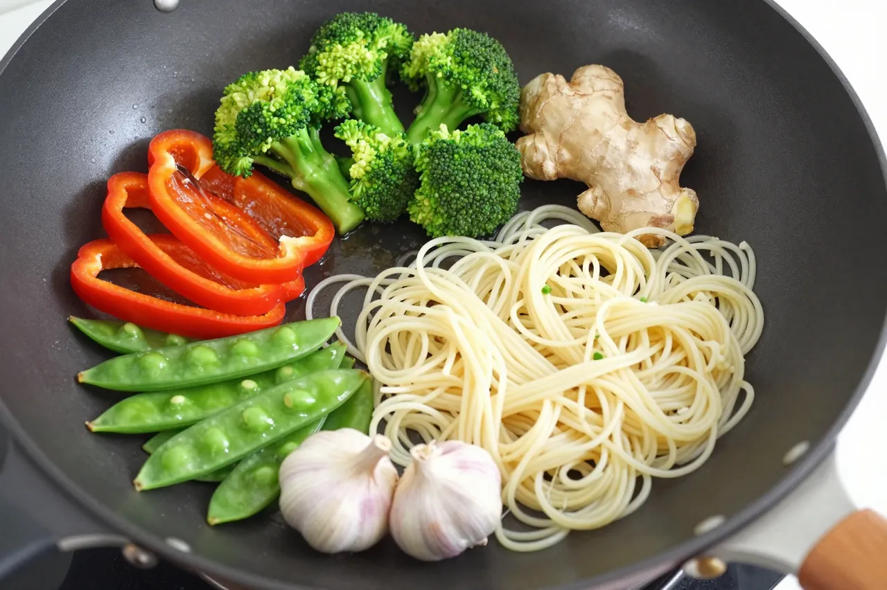 Raw stir-fry ingredients arranged inside a steel wok on a stovetop