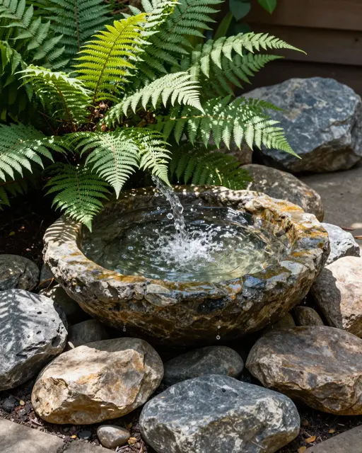 Bubbling stone basin fountain surrounded by river rocks and ferns in dappled garden light