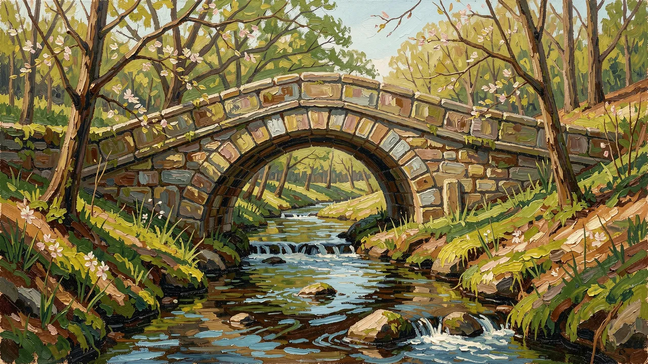 Impasto oil painting of an arched old stone bridge spanning a mossy spring creek surrounded by budding trees