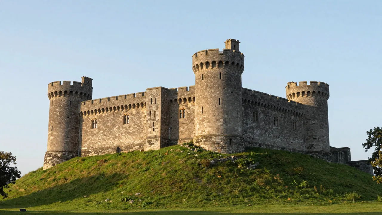 An old stone castle with cylindrical towers sits atop a grassy green hill under a clear pale sky at sunrise.