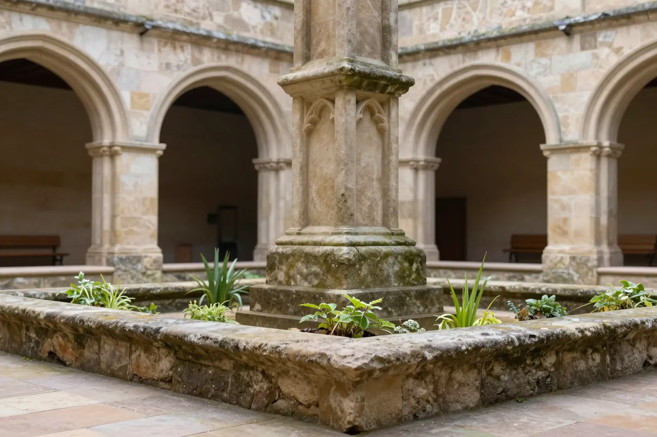 A weathered stone fountain sits at the center of a historic cloister garden lined with Gothic stone arches