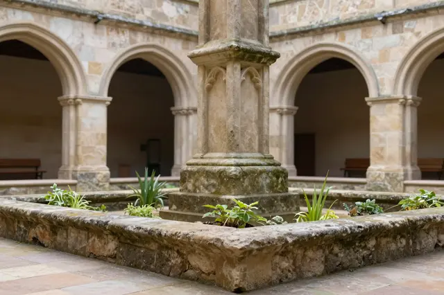 A weathered stone fountain sits at the center of a historic cloister garden lined with Gothic stone arches