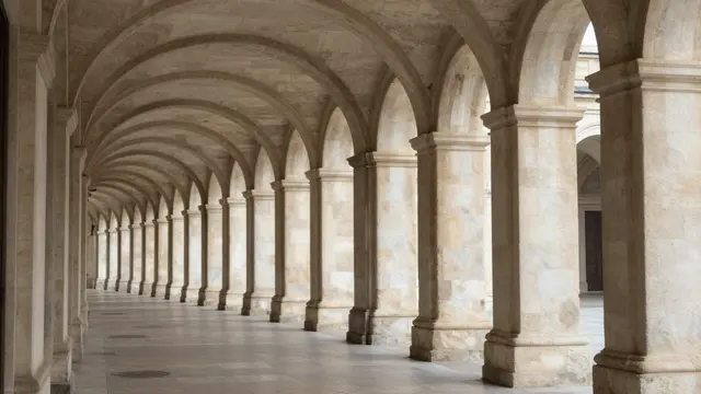A long symmetrical stone colonnade of rounded arches recedes into the distance under soft warm afternoon light.