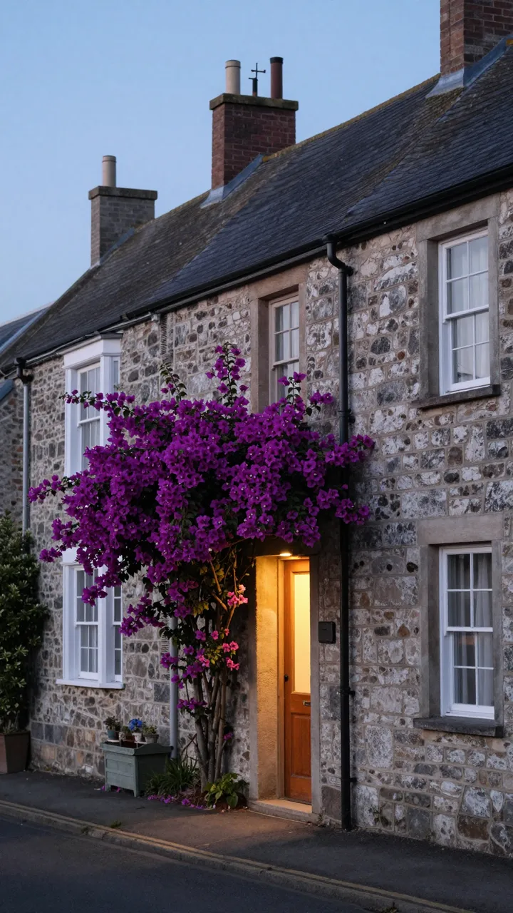 Terraced stone cottage with purple bougainvillea and lit doorway at calm blue hour