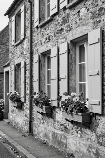 Black and white view of a weathered stone house with wooden shutters and geranium-filled window boxes along a quiet lane