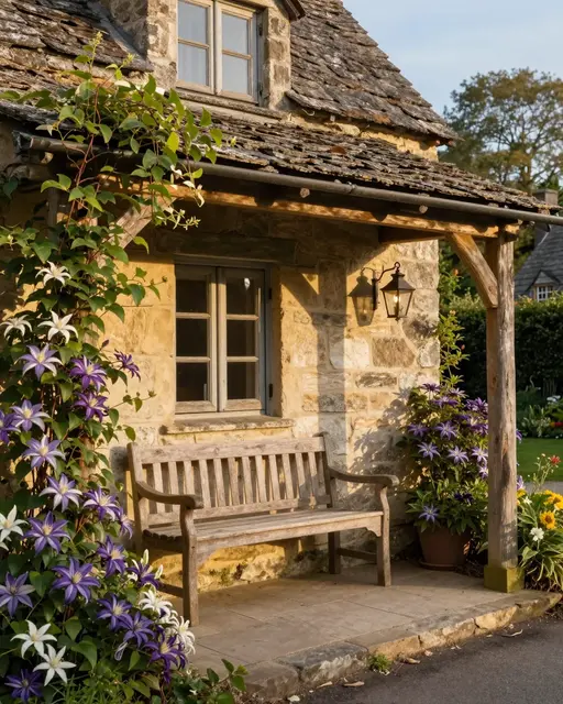 Weathered stone cottage porch with a wooden bench, climbing clematis, and lit lantern at warm golden hour.