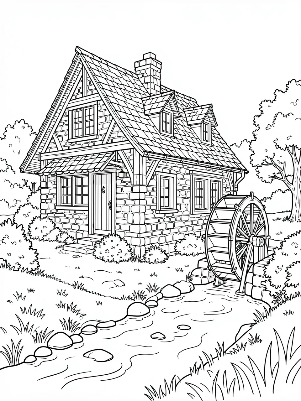 Black and white line art coloring page of a stone cottage with a waterwheel beside a winding stream