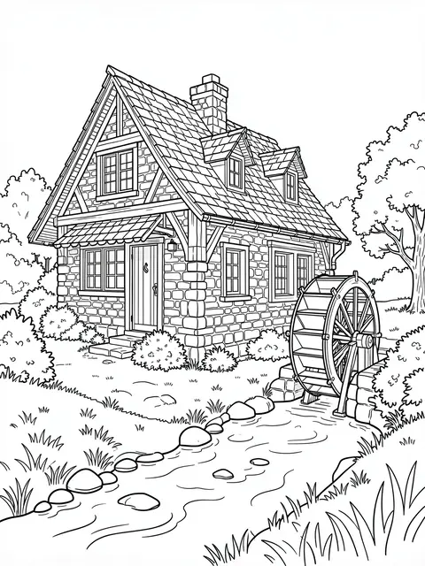 Black and white line art coloring page of a stone cottage with a waterwheel beside a winding stream