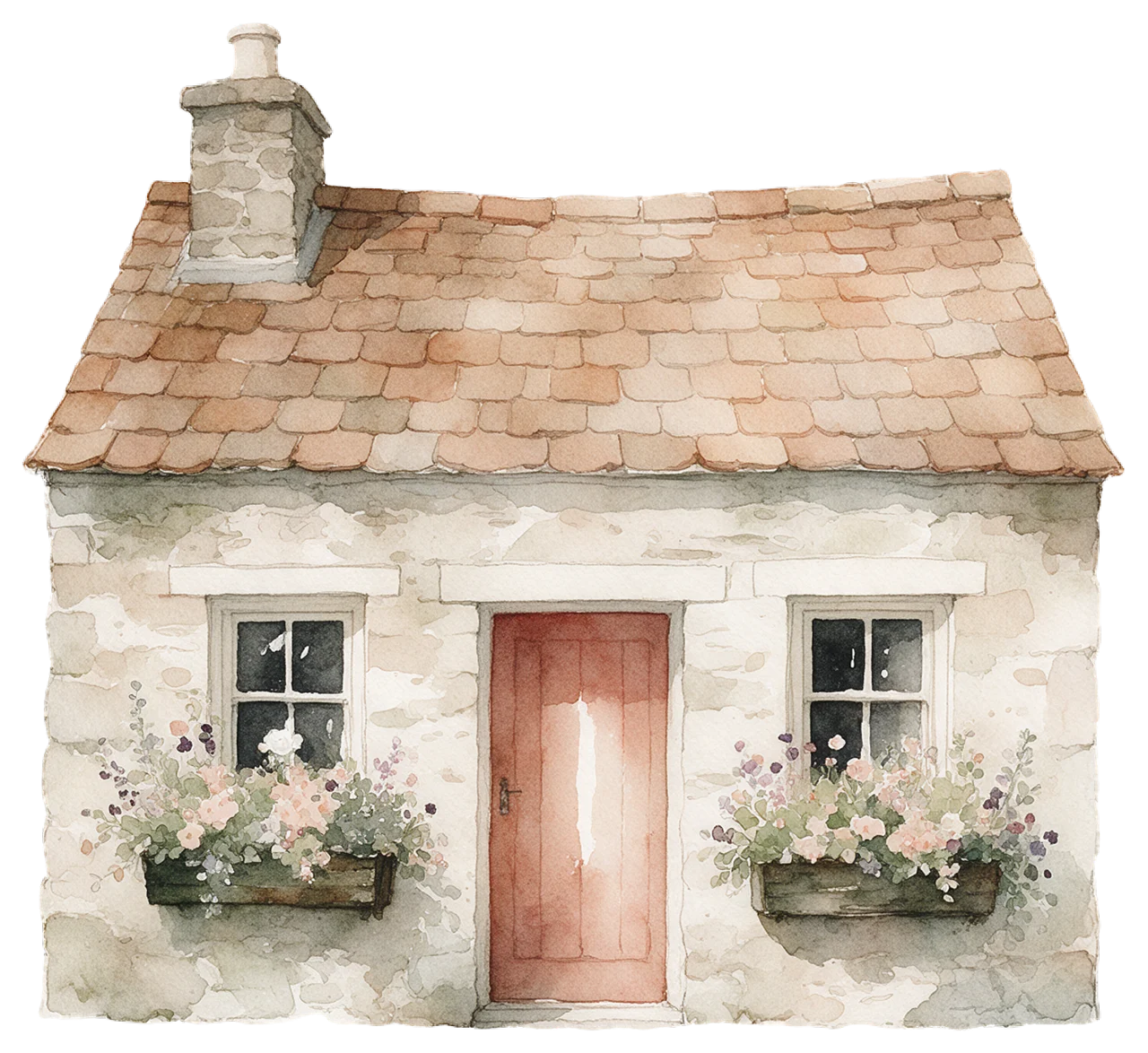 Soft watercolour illustration of a cosy stone cottage with a red door and flower box windows