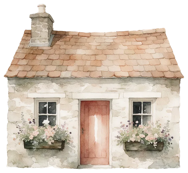Soft watercolour illustration of a cosy stone cottage with a red door and flower box windows