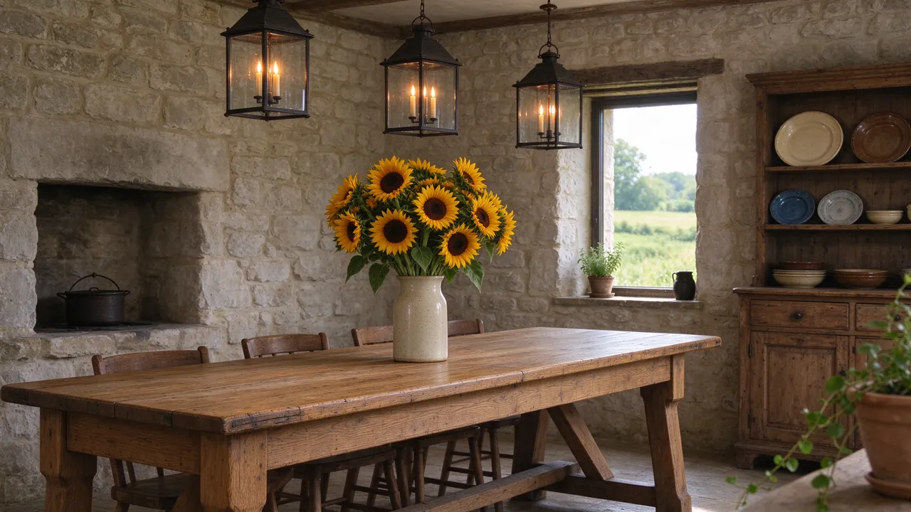 Rustic stone country kitchen with oak table, sunflowers, lantern pendants and pastoral window view.