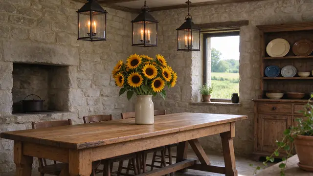 Rustic stone country kitchen with oak table, sunflowers, lantern pendants and pastoral window view.