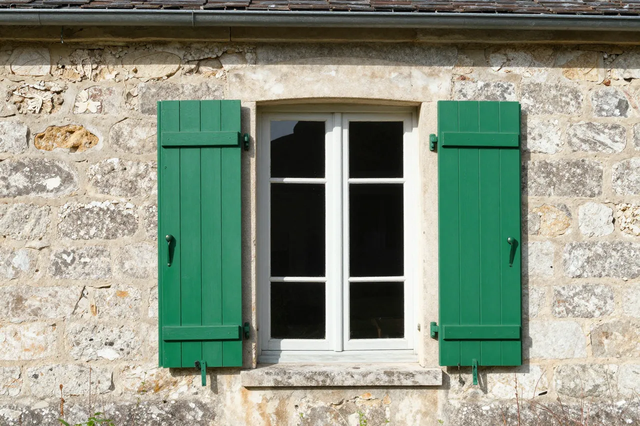 Close-up of a weathered old stone farmhouse window flanked by bright green wooden shutters in sunlight