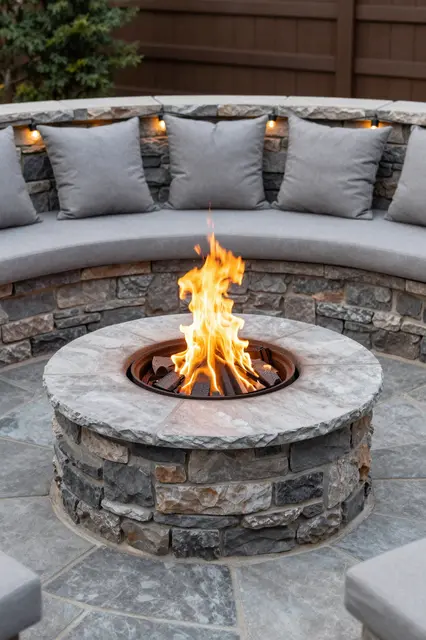 Burning stone fire pit with curved cushioned seat wall and string lights on a flagstone patio