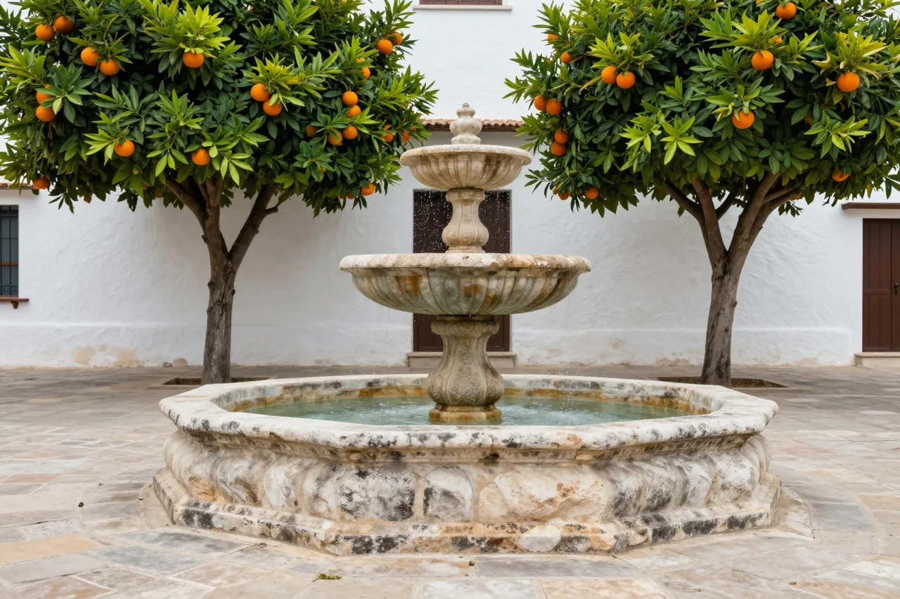 Tiered weathered stone fountain sits between fruit-laden orange trees in front of a whitewashed courtyard building