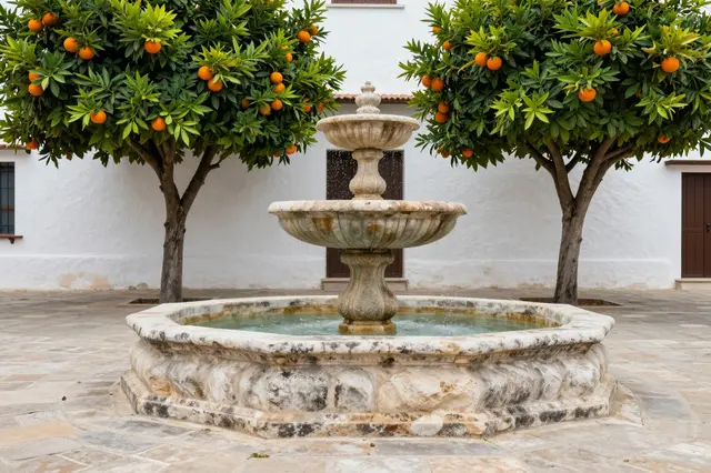 Tiered weathered stone fountain sits between fruit-laden orange trees in front of a whitewashed courtyard building