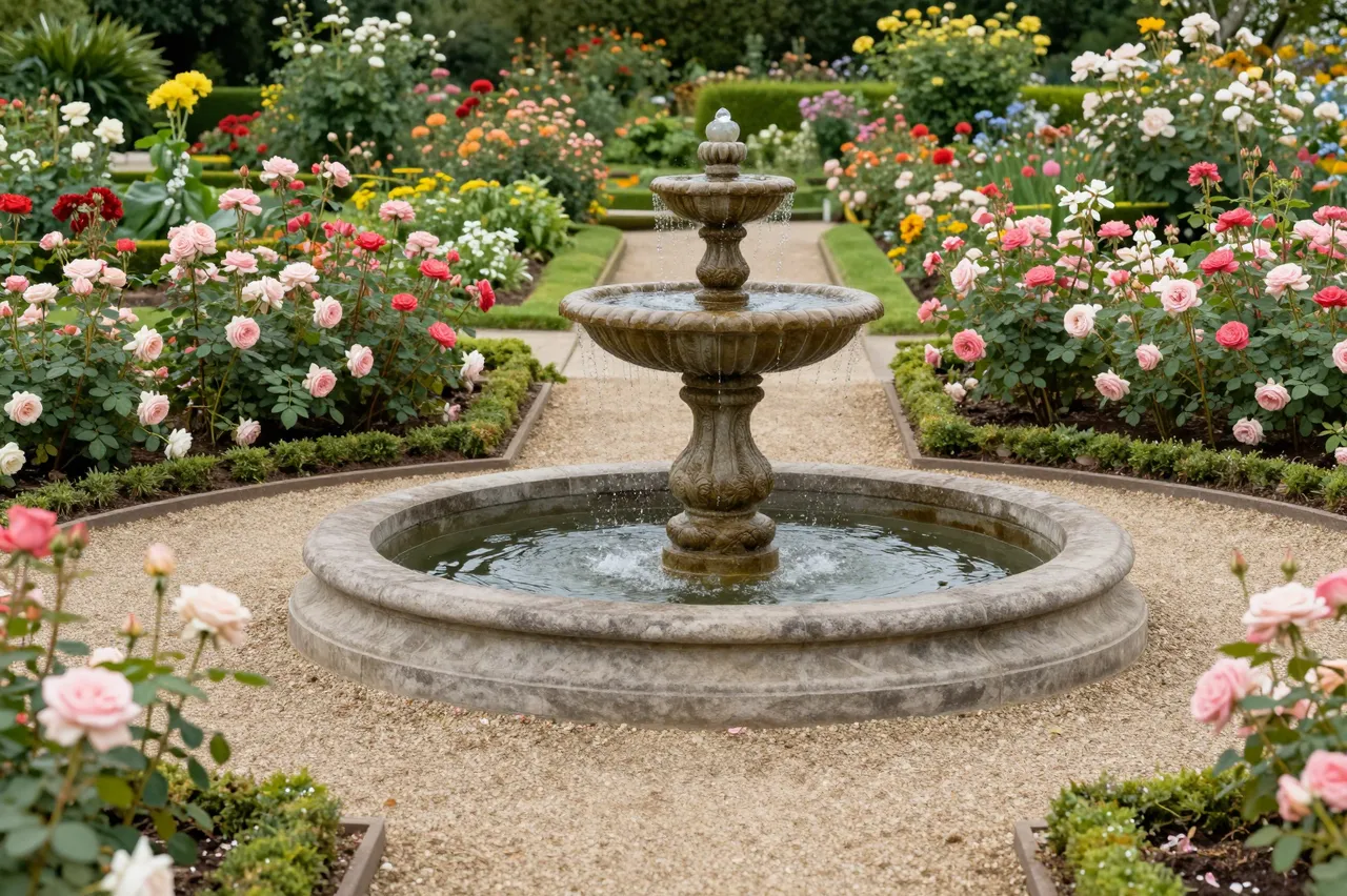 Ornate tiered stone fountain sits at the center of a neatly maintained blooming rose garden with gravel paths