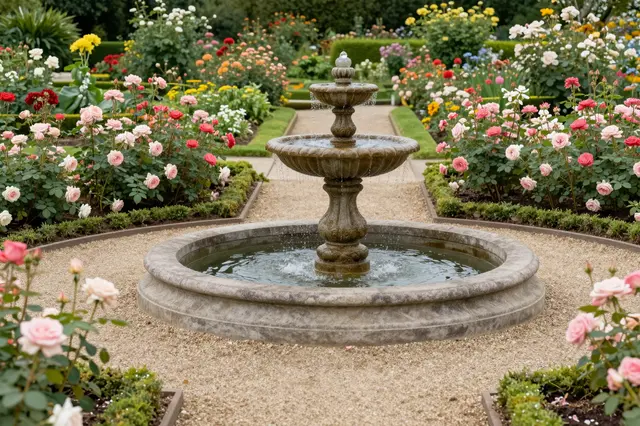 Ornate tiered stone fountain sits at the center of a neatly maintained blooming rose garden with gravel paths