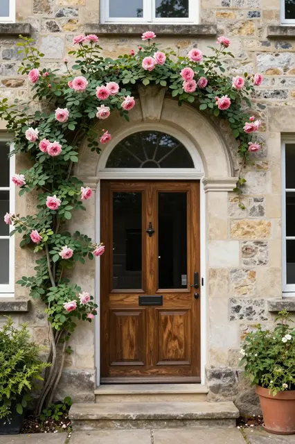 Wooden arched front door framed by pink climbing roses on a rustic stone house facade