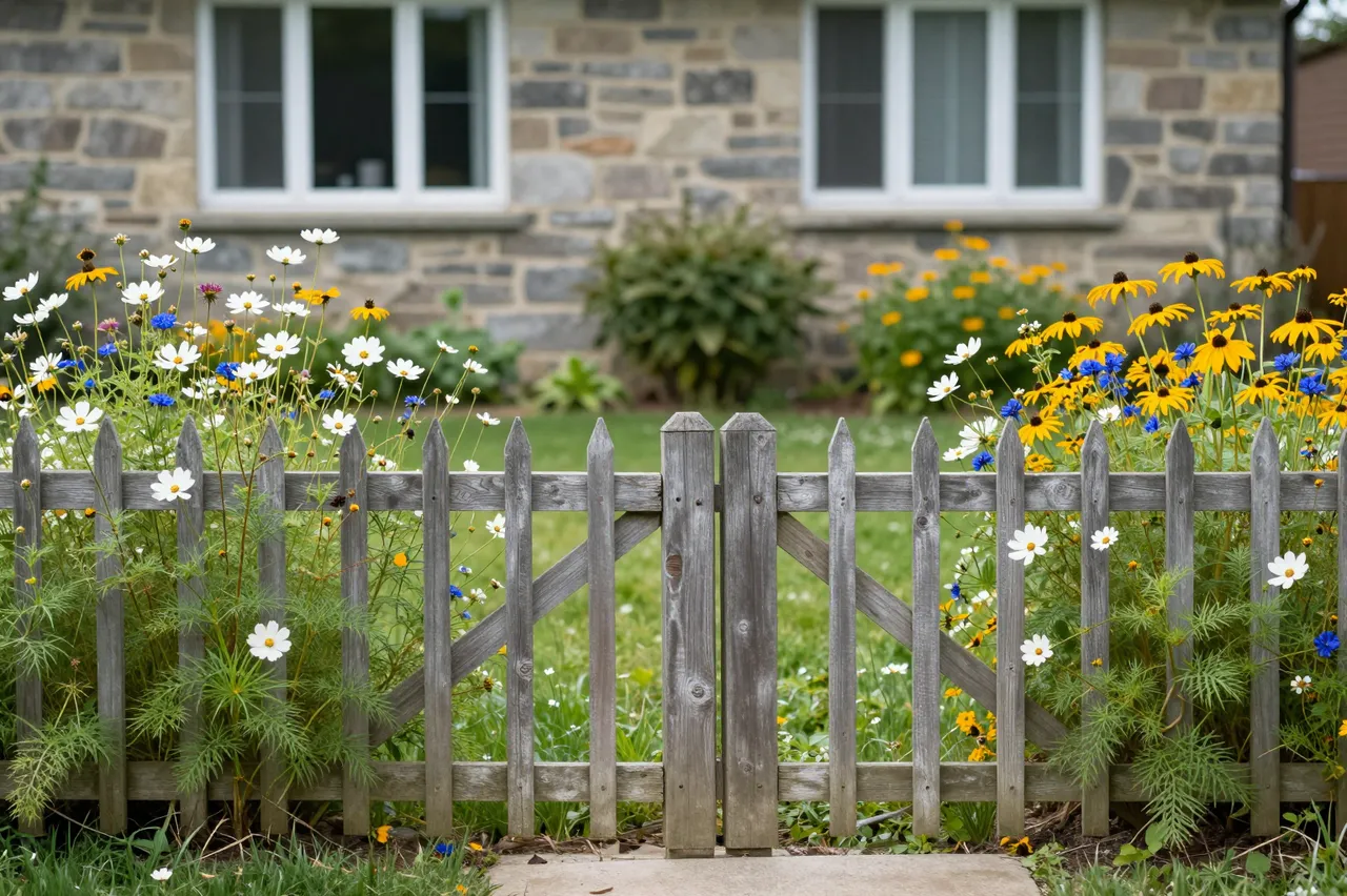 Weathered picket fence frames wildflower borders in front of a rustic stone house.