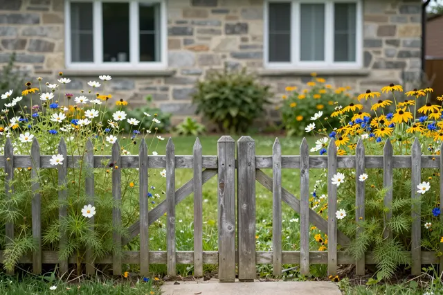 Weathered picket fence frames wildflower borders in front of a rustic stone house.