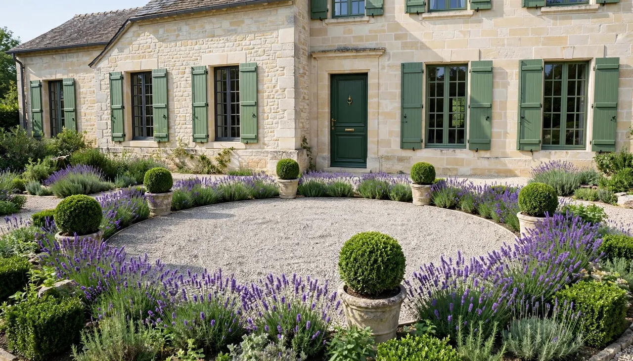 A limestone country home features a circular gravel courtyard lined with lavender and potted topiaries.