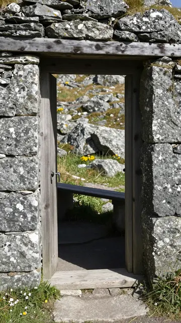 Open wooden doorway of a dry stone hut frames a sunlit rocky mountain pass with a nearby bench.