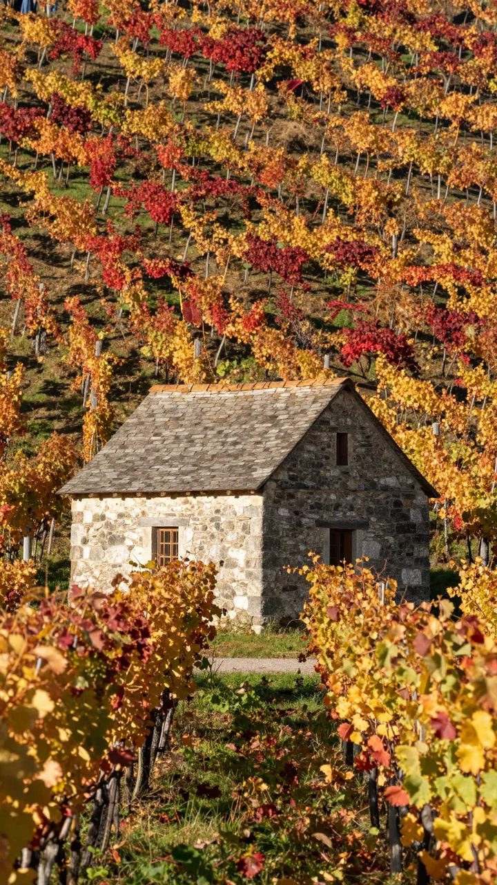 A small rustic stone hut sits amid vibrant autumn grapevines on a sloped vineyard hillside.
