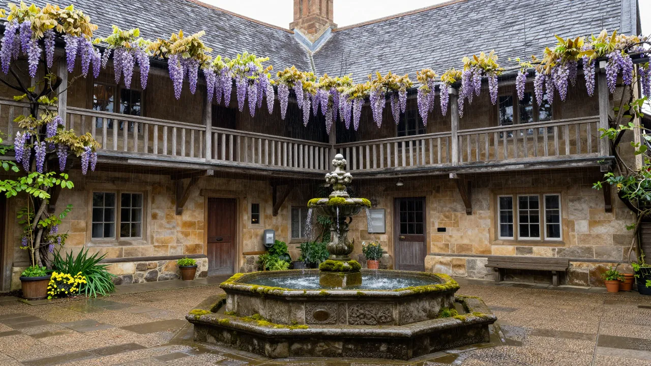 Old stone inn courtyard with a mossy fountain, wisteria draped wooden galleries in soft spring rain