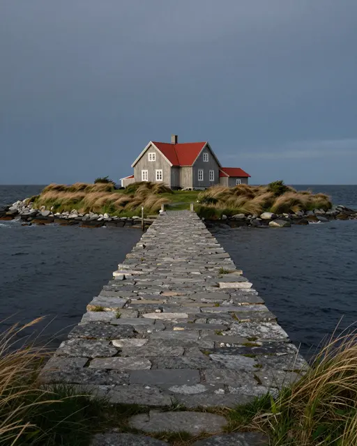A stone jetty leads to a lone red roofed island house surrounded by windswept grass over dark sea at dusk