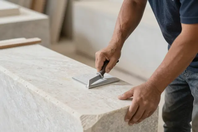 A stonemason uses a chisel tool on a pale limestone block in a workshop.