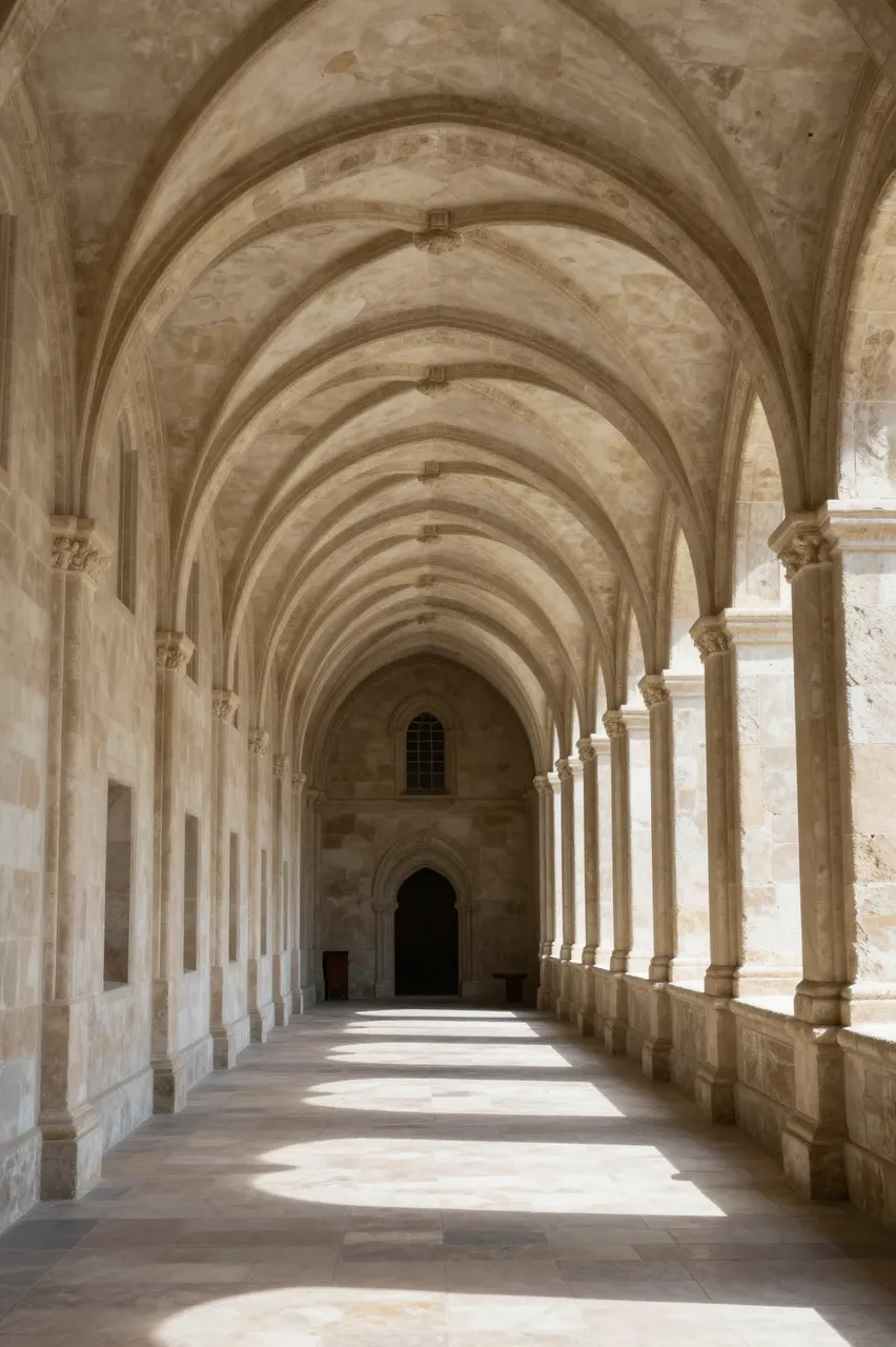 Sunlight casts patterned shadows across a vaulted stone arched corridor inside an old monastery