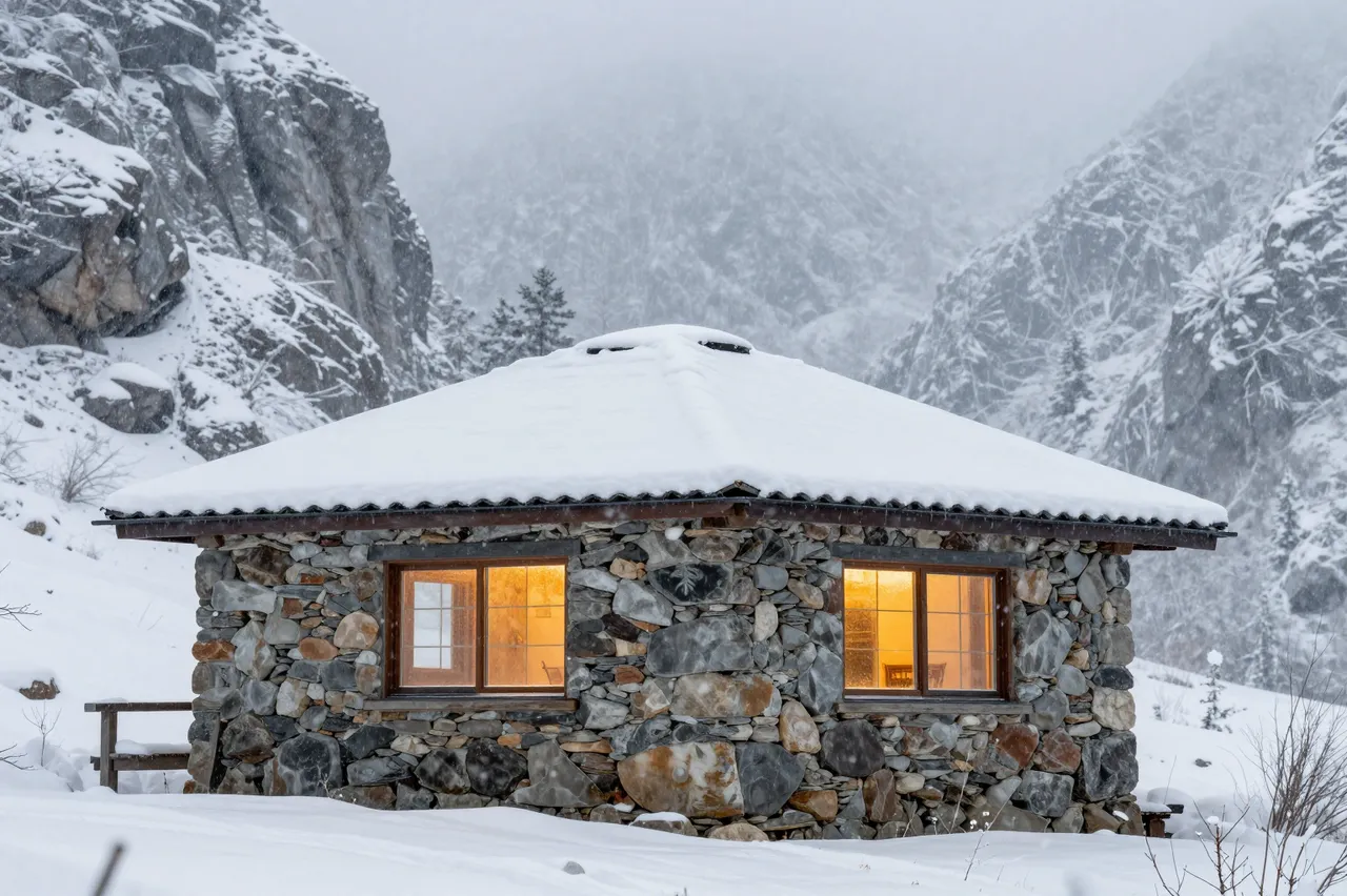 Cozy stone mountain hut with glowing windows sits in a snow-covered alpine valley during falling snow