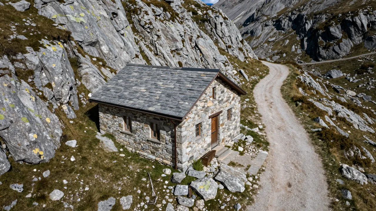 Aerial view of a rustic stone mountain hut beside a dirt trail on a high rocky alpine pass