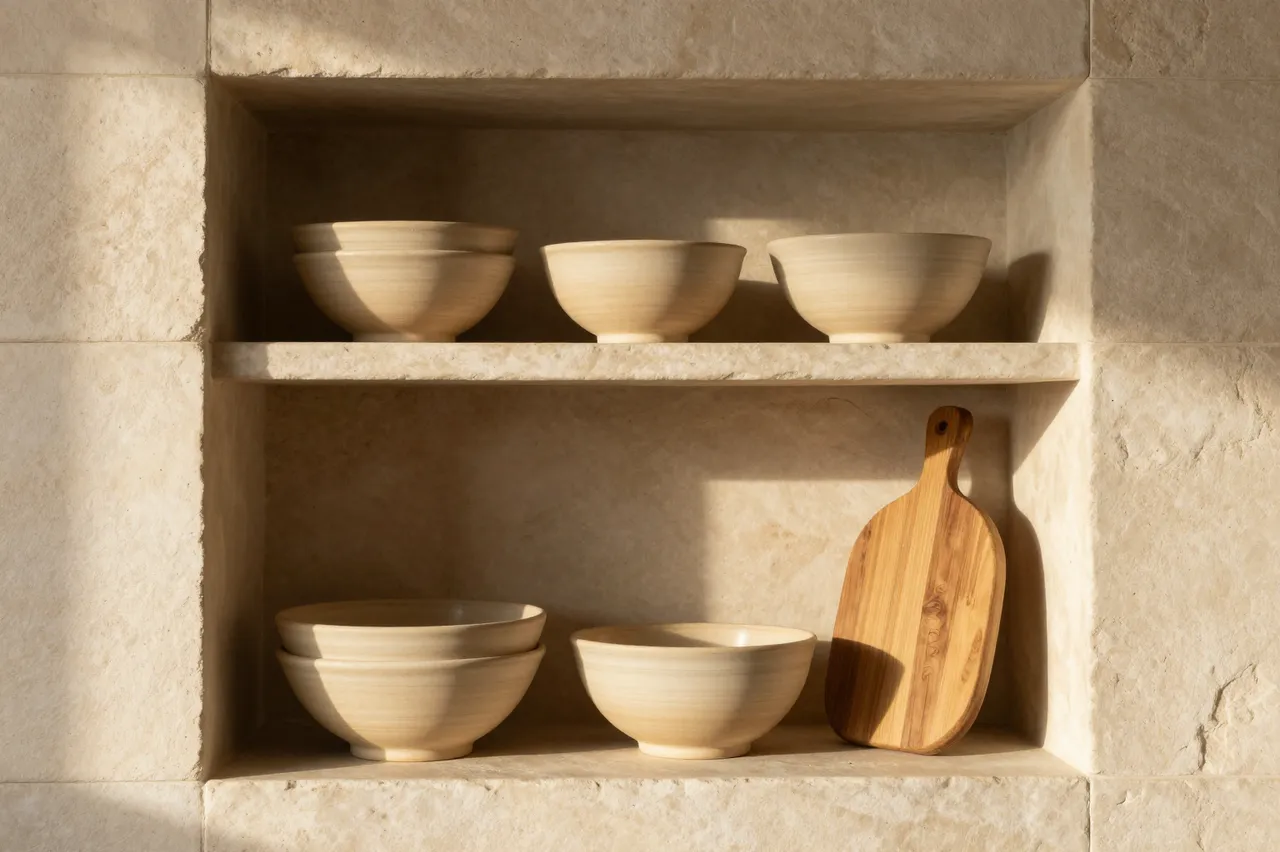 Open built-in stone wall shelving holds clay bowls and a wooden board in warm afternoon sunlight.