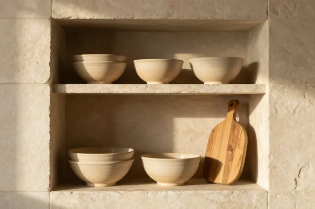 Open built-in stone wall shelving holds clay bowls and a wooden board in warm afternoon sunlight.