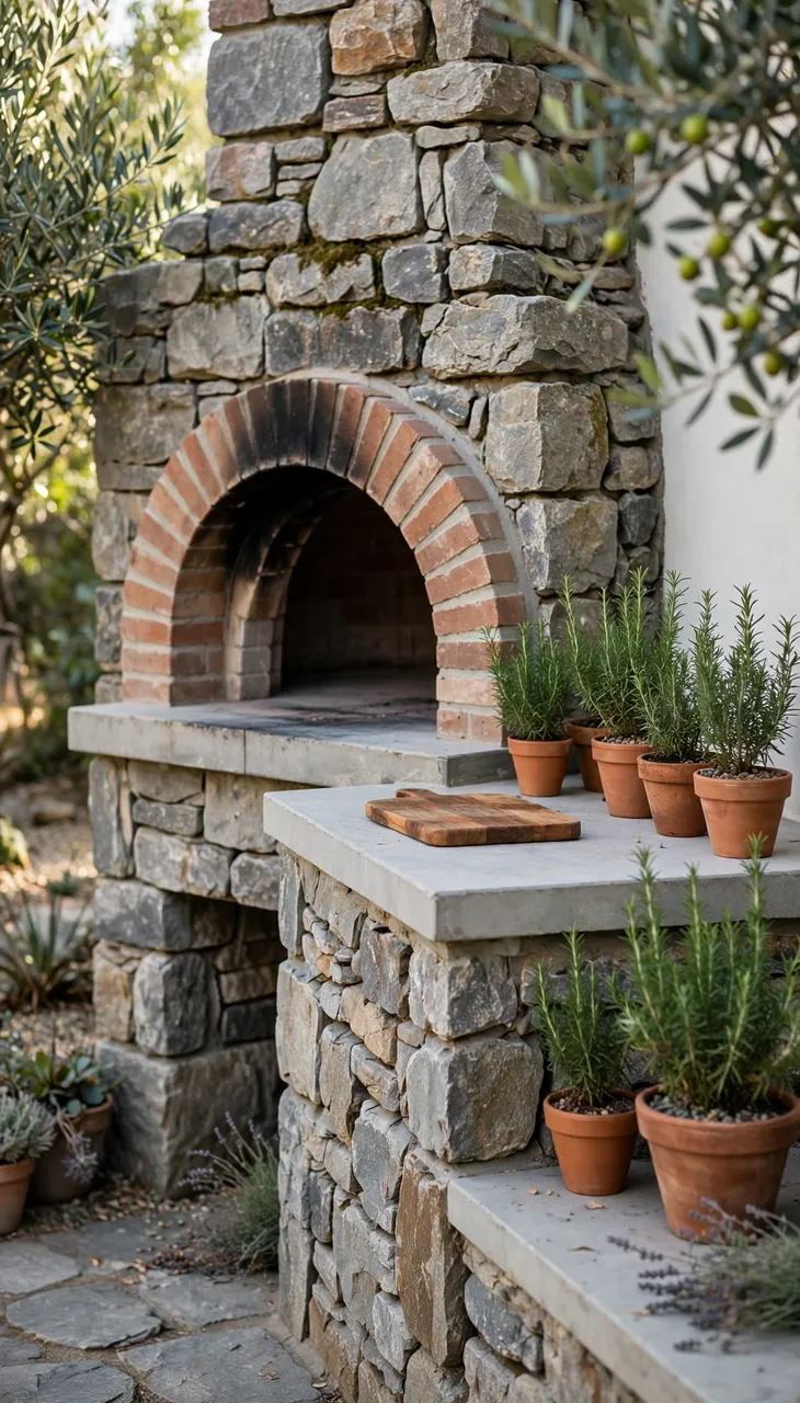 Built stone and brick outdoor pizza oven surrounded by potted rosemary in a garden setting