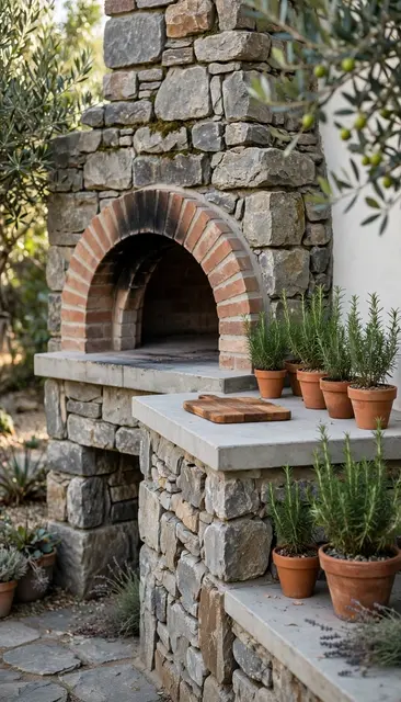 Built stone and brick outdoor pizza oven surrounded by potted rosemary in a garden setting