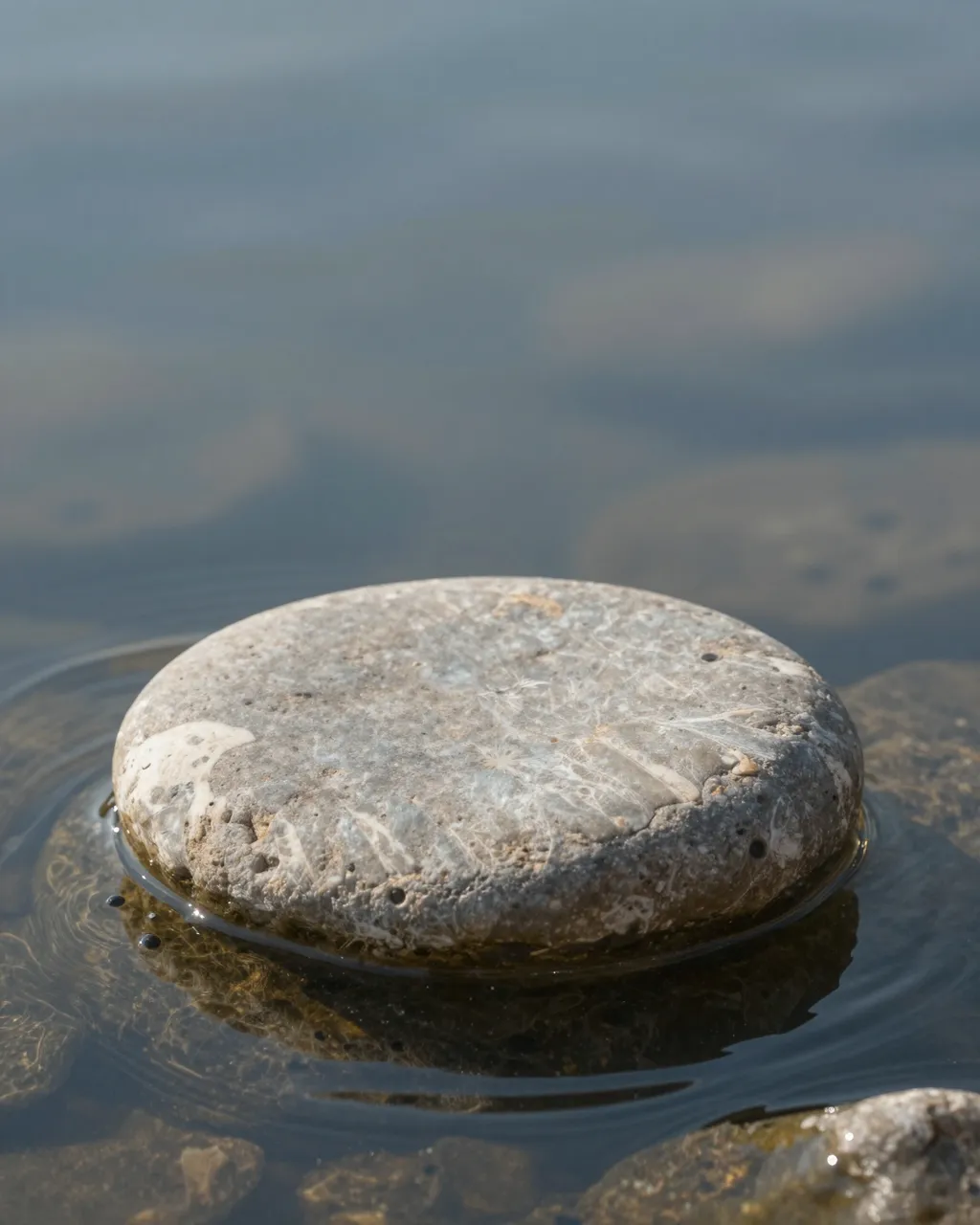 A smooth round river stone product podium sits partially submerged in clear rippling calm water with blurred background copy