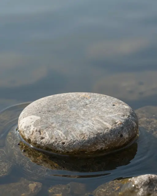 A smooth round river stone product podium sits partially submerged in clear rippling calm water with blurred background copy