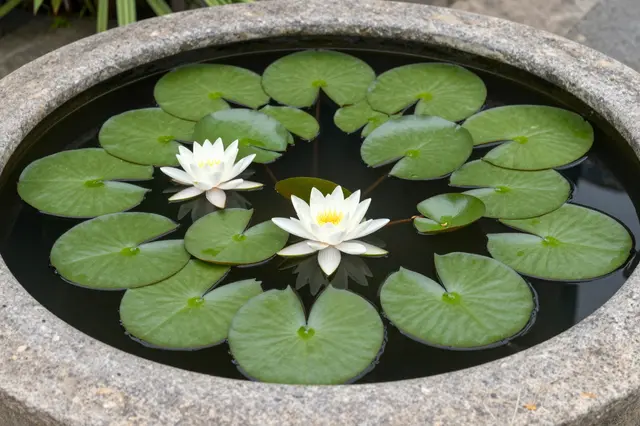 A circular stone basin holds still dark water dotted with green lily pads and two blooming white water lilies.